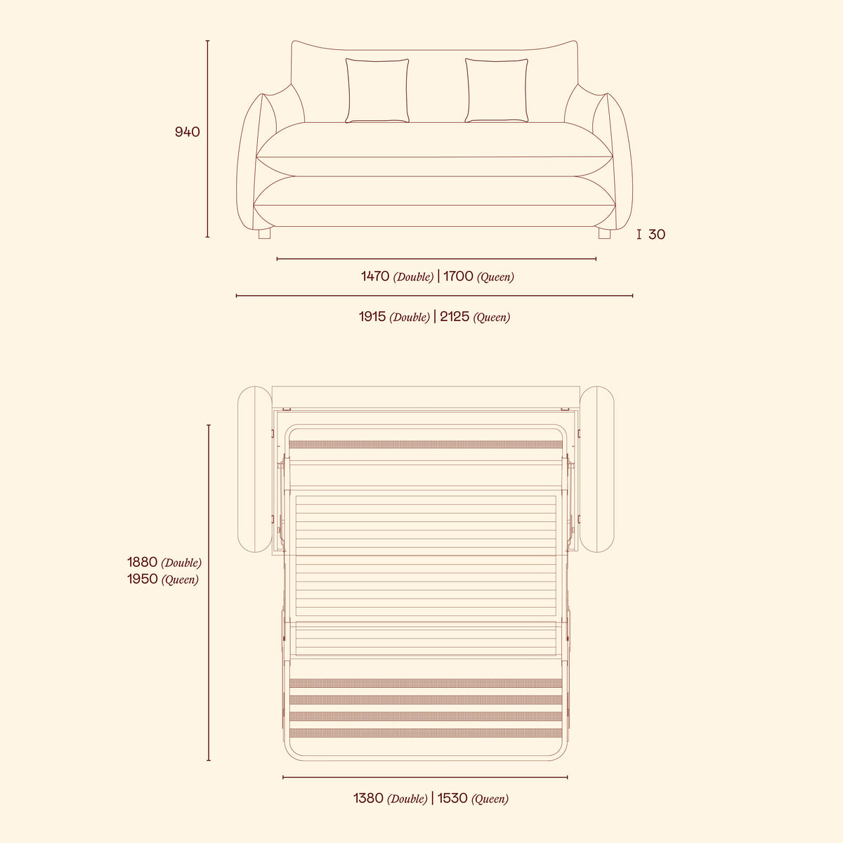 Blossom sofa bed dimension diagram showing Double and Queen sofa widths, overall height and unfolded mattress dimensions.
