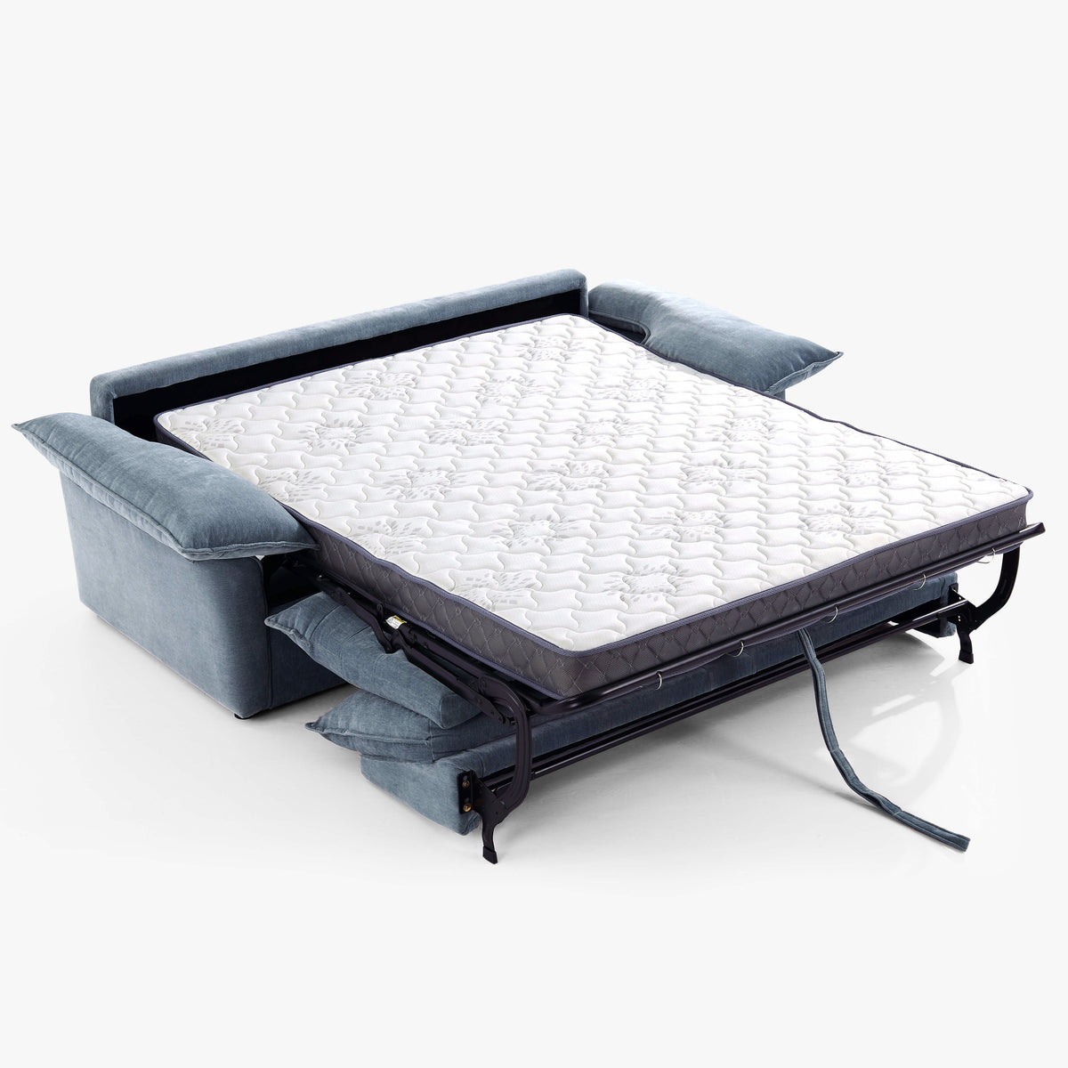 Ease sofa bed in Celestine, fully unfolded with its quilted sprung mattress on the steel fold-out frame.
