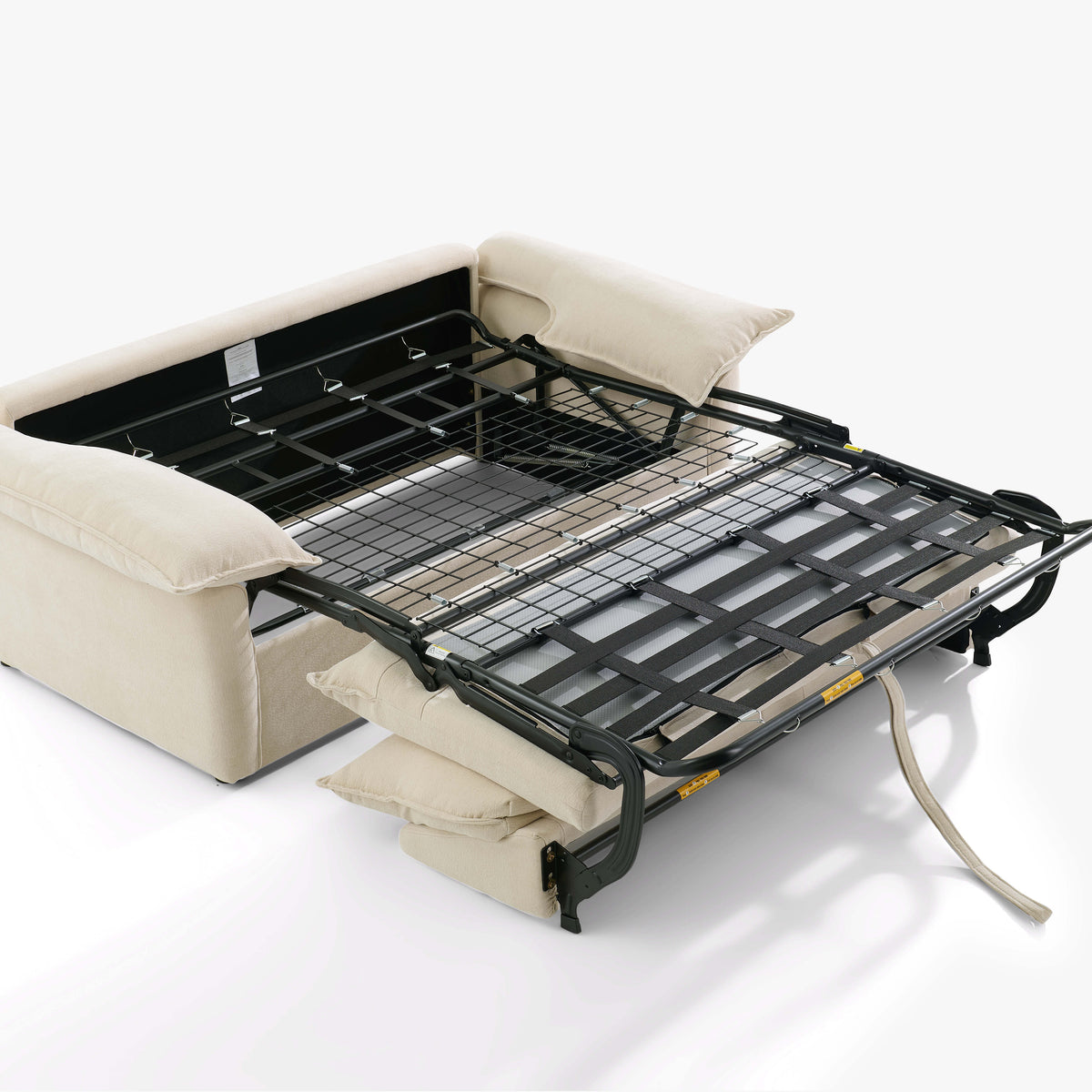 Ease sofa bed in Bisque with the fold-out mechanism fully extended, showing the steel frame, timber slats and webbing support.