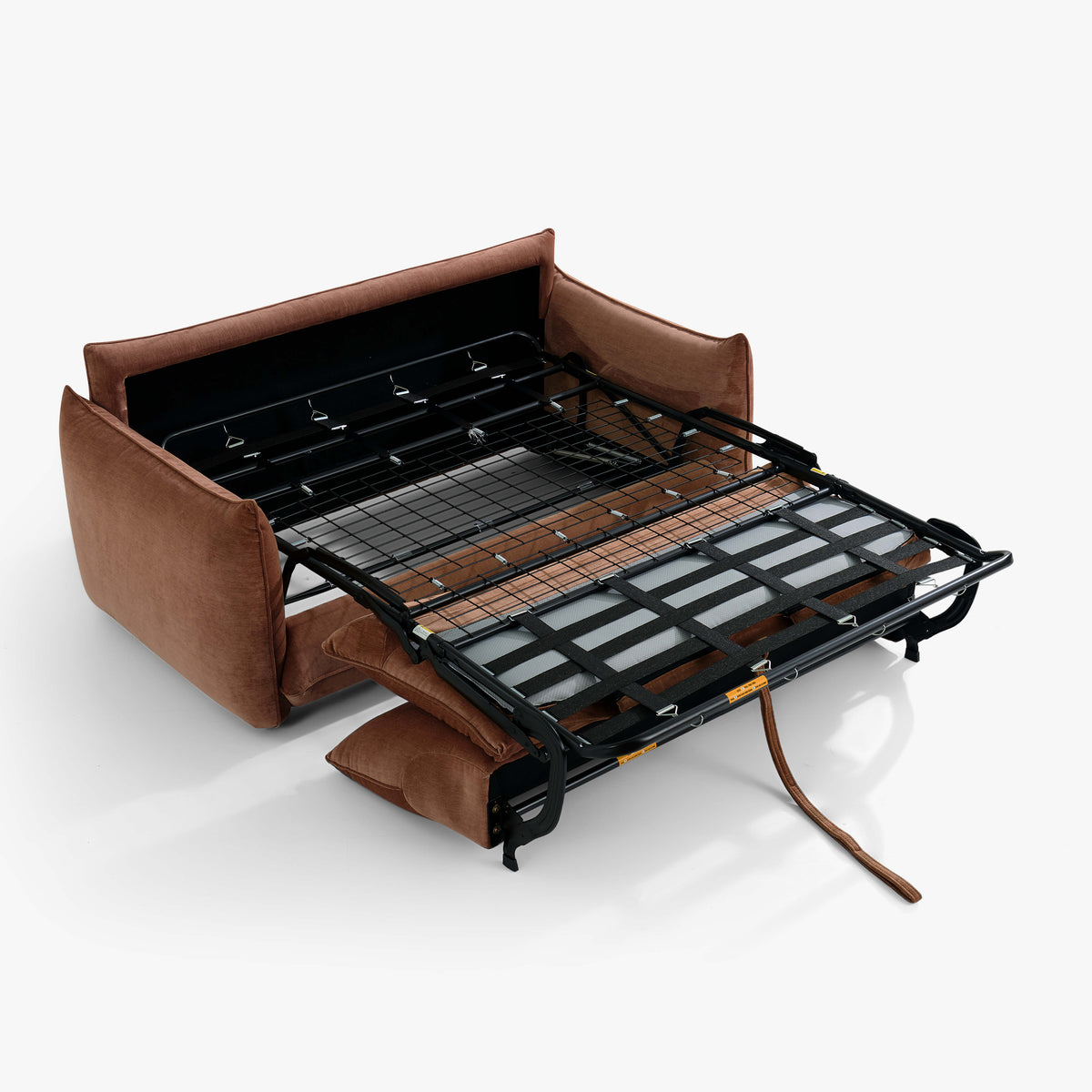 Blossom sofa bed in Bronze with the fold-out mechanism fully extended, showing steel mesh, webbing and frame.