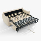 Blossom sofa bed in Bisque with the fold-out mechanism fully extended, showing timber slats, webbing and steel frame.
