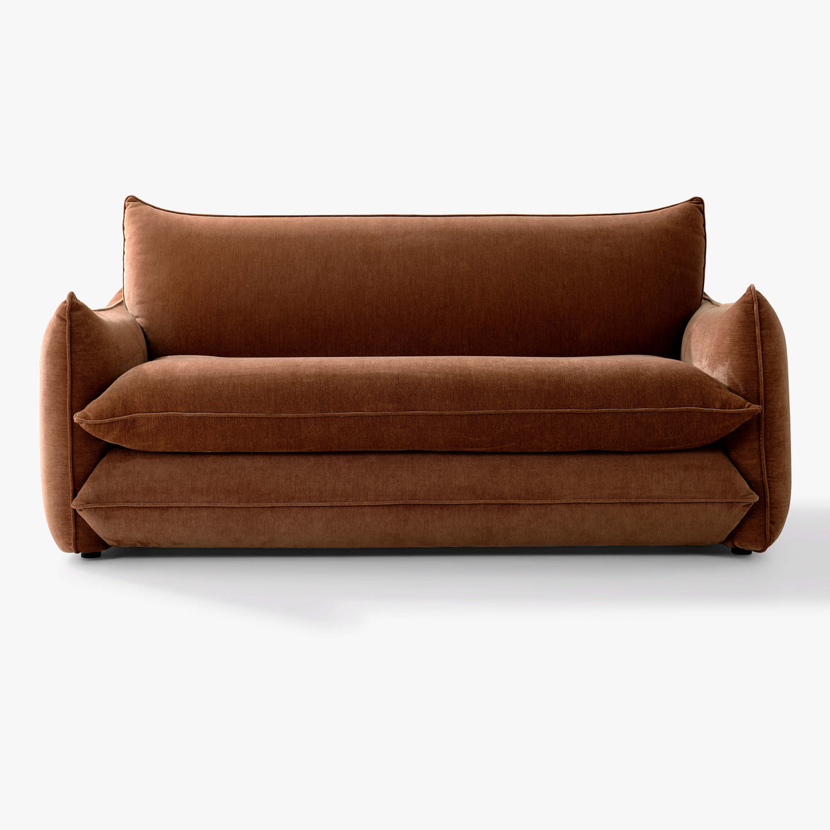 Front view of the Blossom sofa bed in Bronze, showing its curved arms and upholstered seat and back cushions.