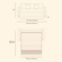 Blossom sofa bed dimension diagram showing Double and Queen sofa widths, overall height and unfolded mattress dimensions.