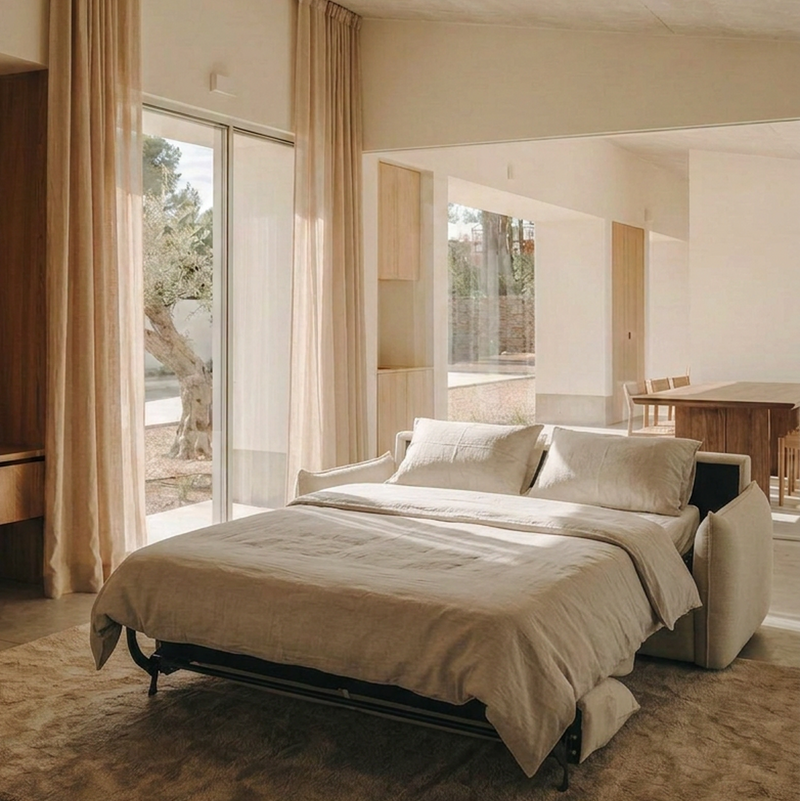 Blossom sofa bed in Bisque, unfolded and styled with cream bedding in a sunlit living room.