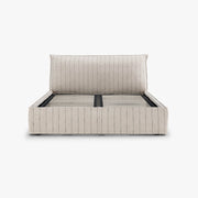 Front view of the Dormi queen bed frame in Cobblestone striped upholstery.