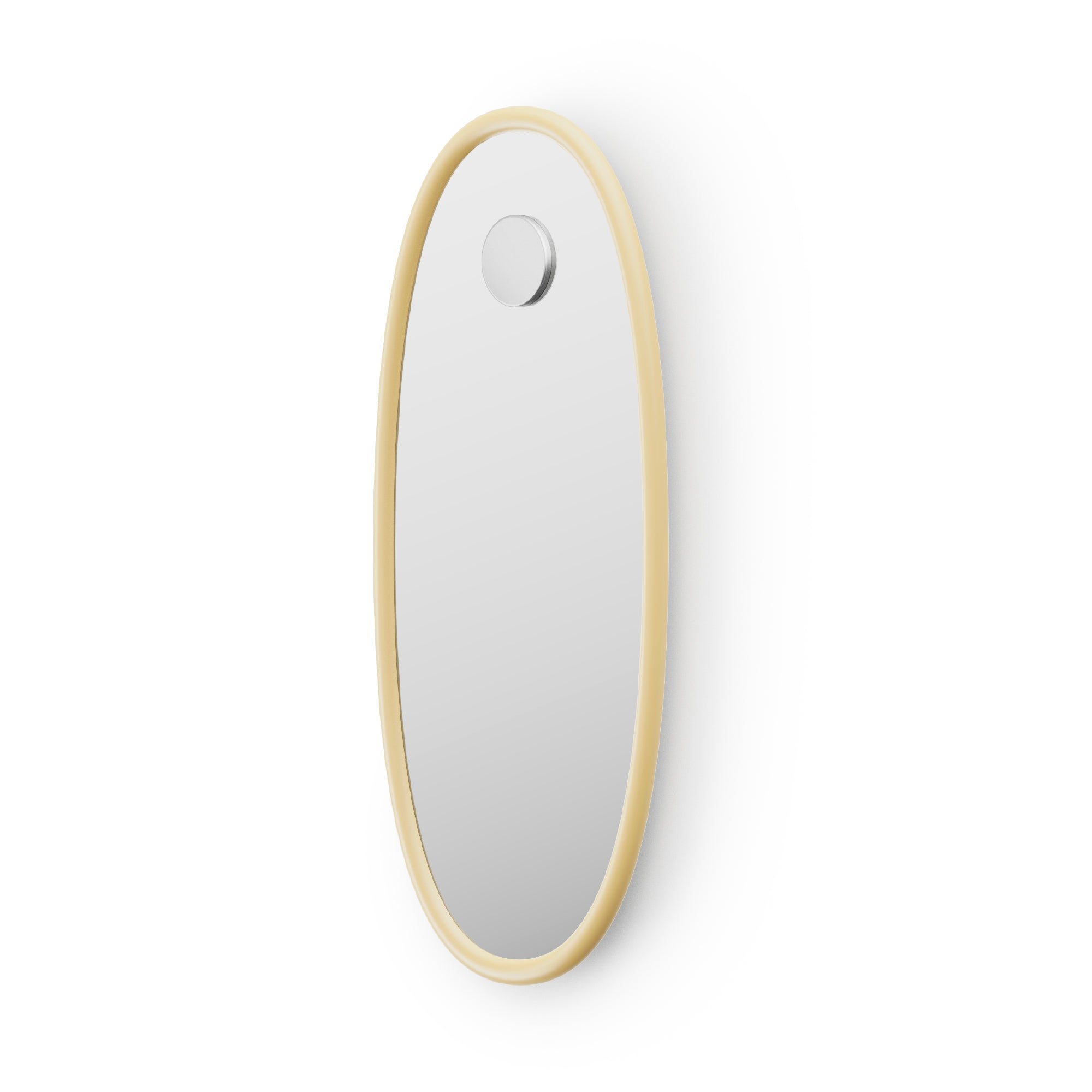 Oval shaped mirror with butter yellow frame on a white background