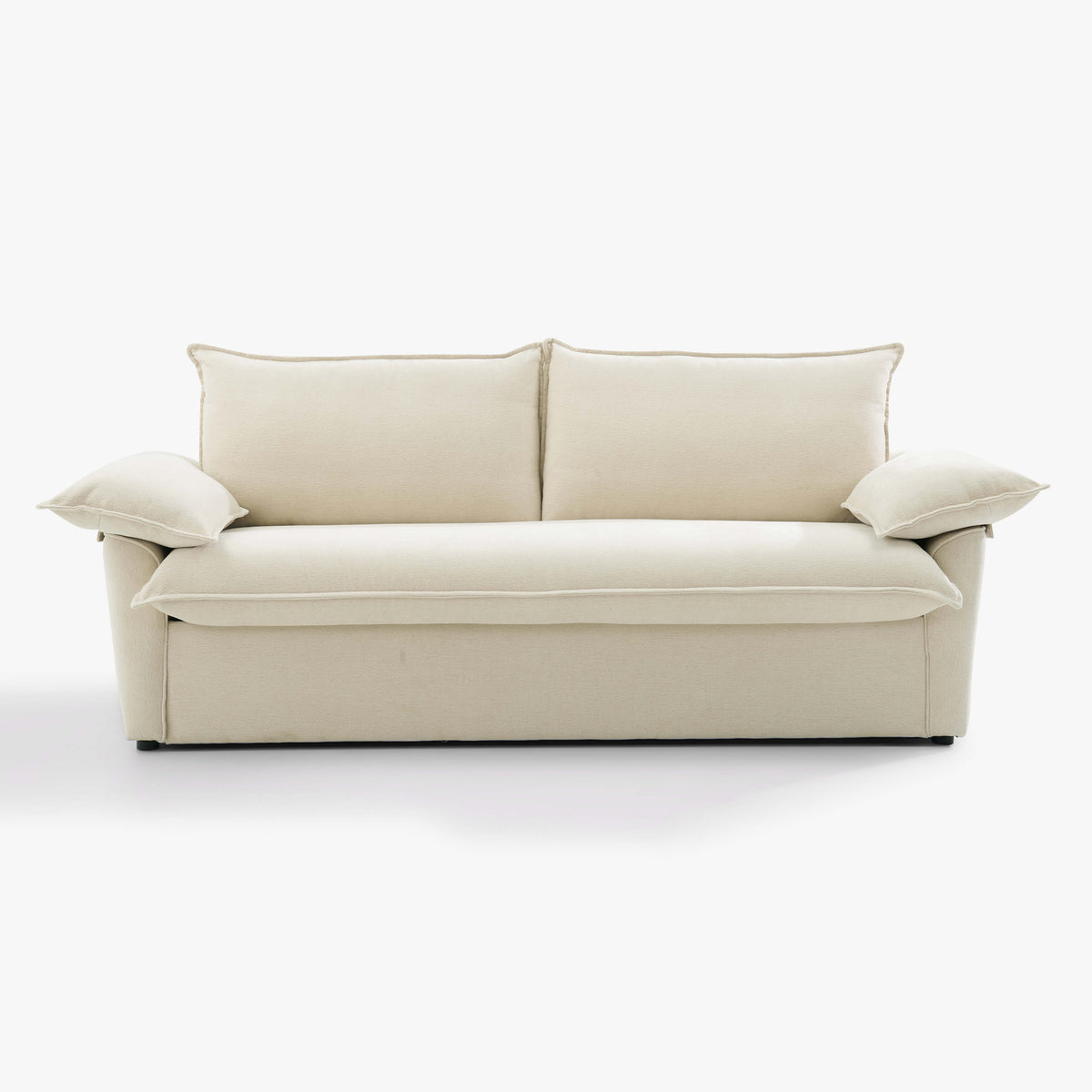 Front view of the Ease sofa bed in Bisque, showing two back cushions and cushioned arms.