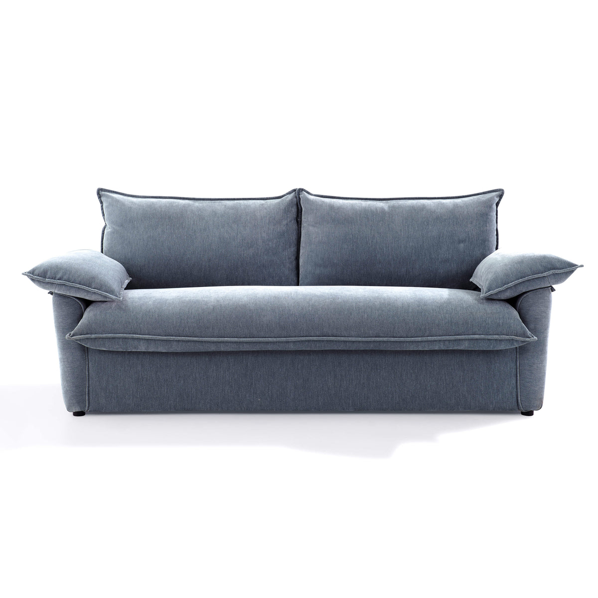 Front view of the Ease sofa bed in Celestine, showing two back cushions and cushioned arms.