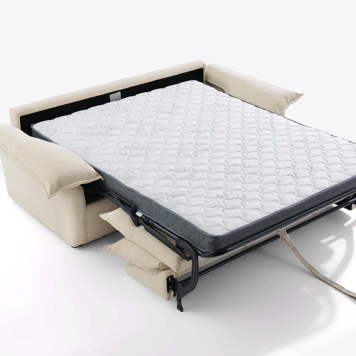 Ease sofa bed in Bisque, fully unfolded with its quilted sprung mattress on the steel fold-out frame.