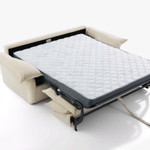 Ease sofa bed in Bisque, fully unfolded with its quilted sprung mattress on the steel fold-out frame.