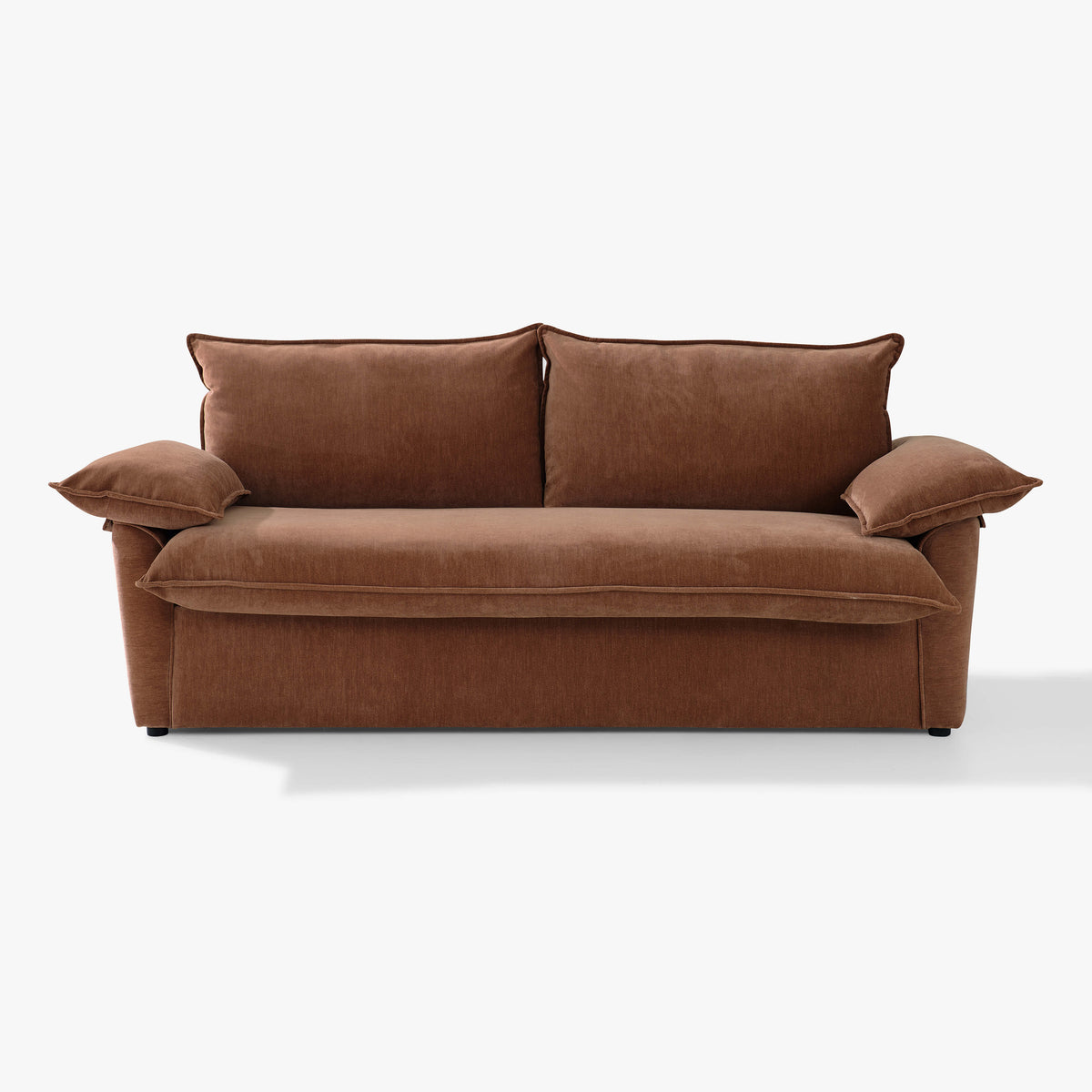 Front view of the Ease sofa bed in Bronze, showing two back cushions and cushioned arms.