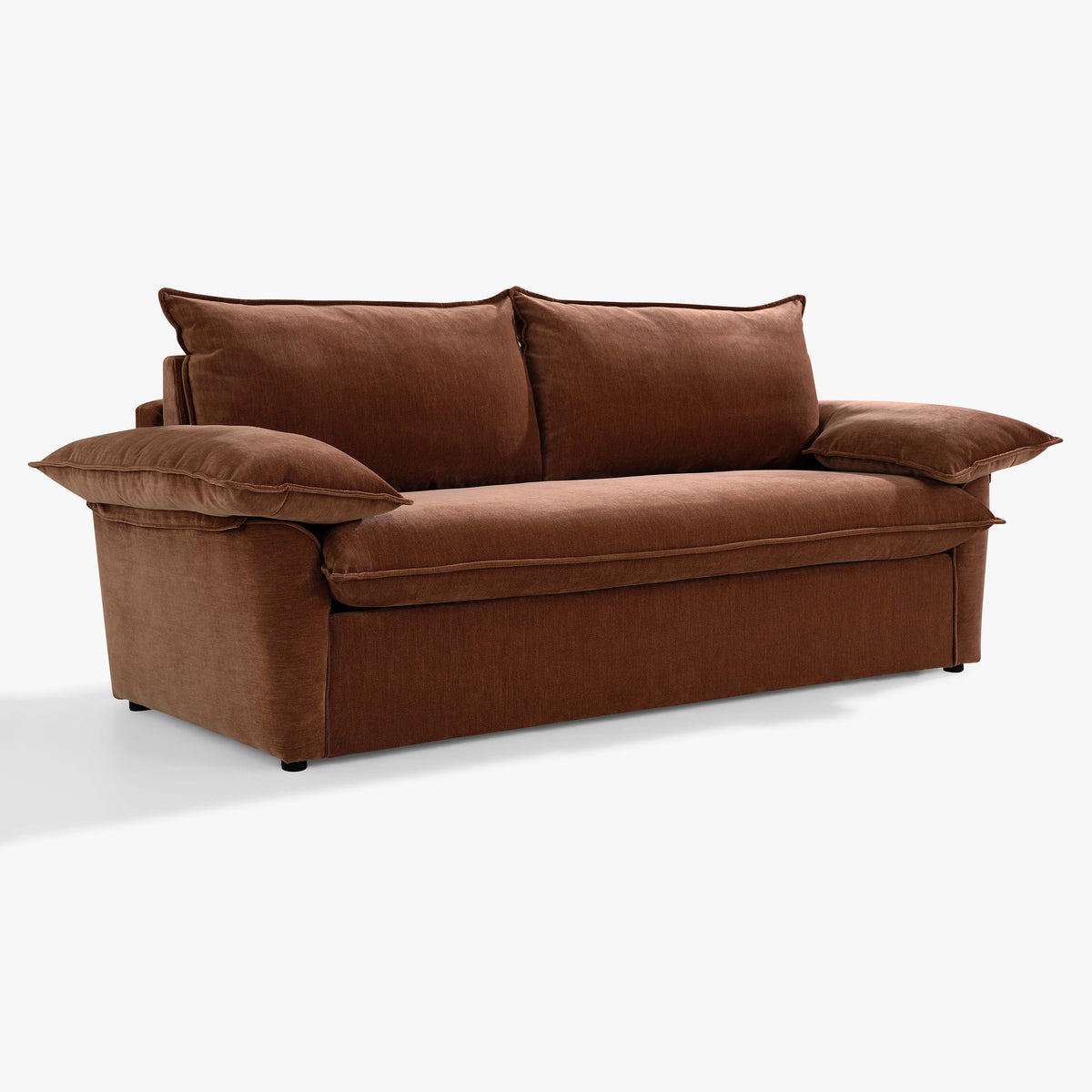 Angled front view of the Ease sofa bed in Bronze, showing its upholstered seat, two back cushions and cushioned arms.