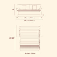 Ease sofa bed dimension diagram showing Double and Queen sofa widths, overall height and unfolded mattress dimensions.