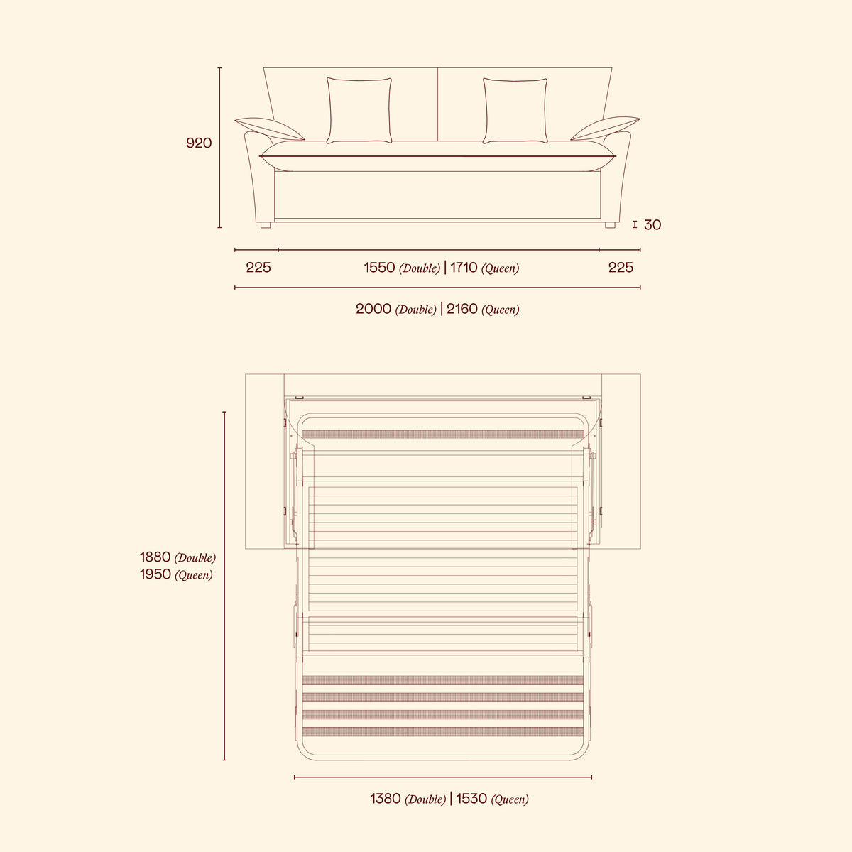 Ease sofa bed dimension diagram showing Double and Queen sofa widths, overall height and unfolded mattress dimensions.