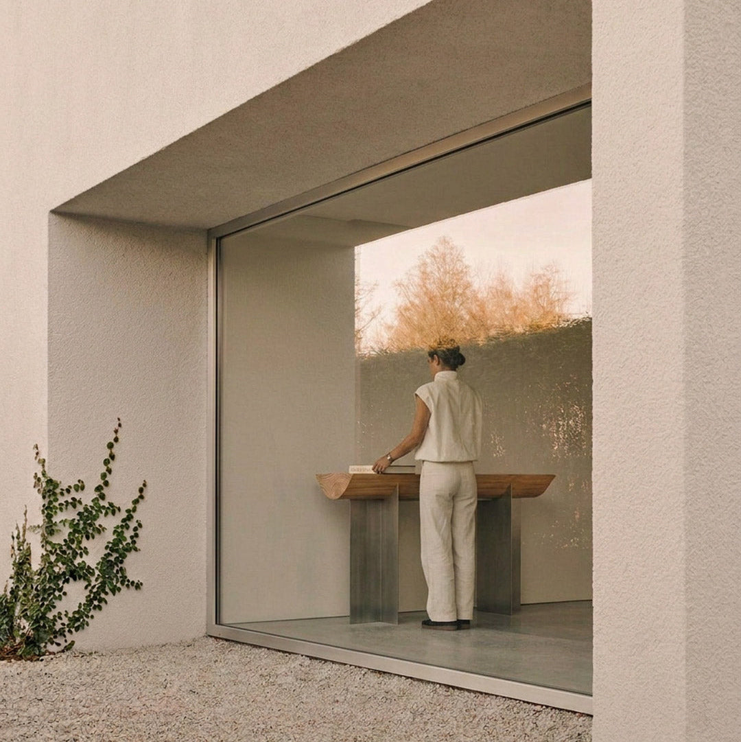 Forma Atelier console table beside a full-height window, with a person arranging objects on its Douglas fir top.