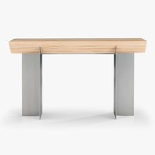Front view of the Forma Atelier console table with an elongated Douglas fir top and two stainless steel supports.