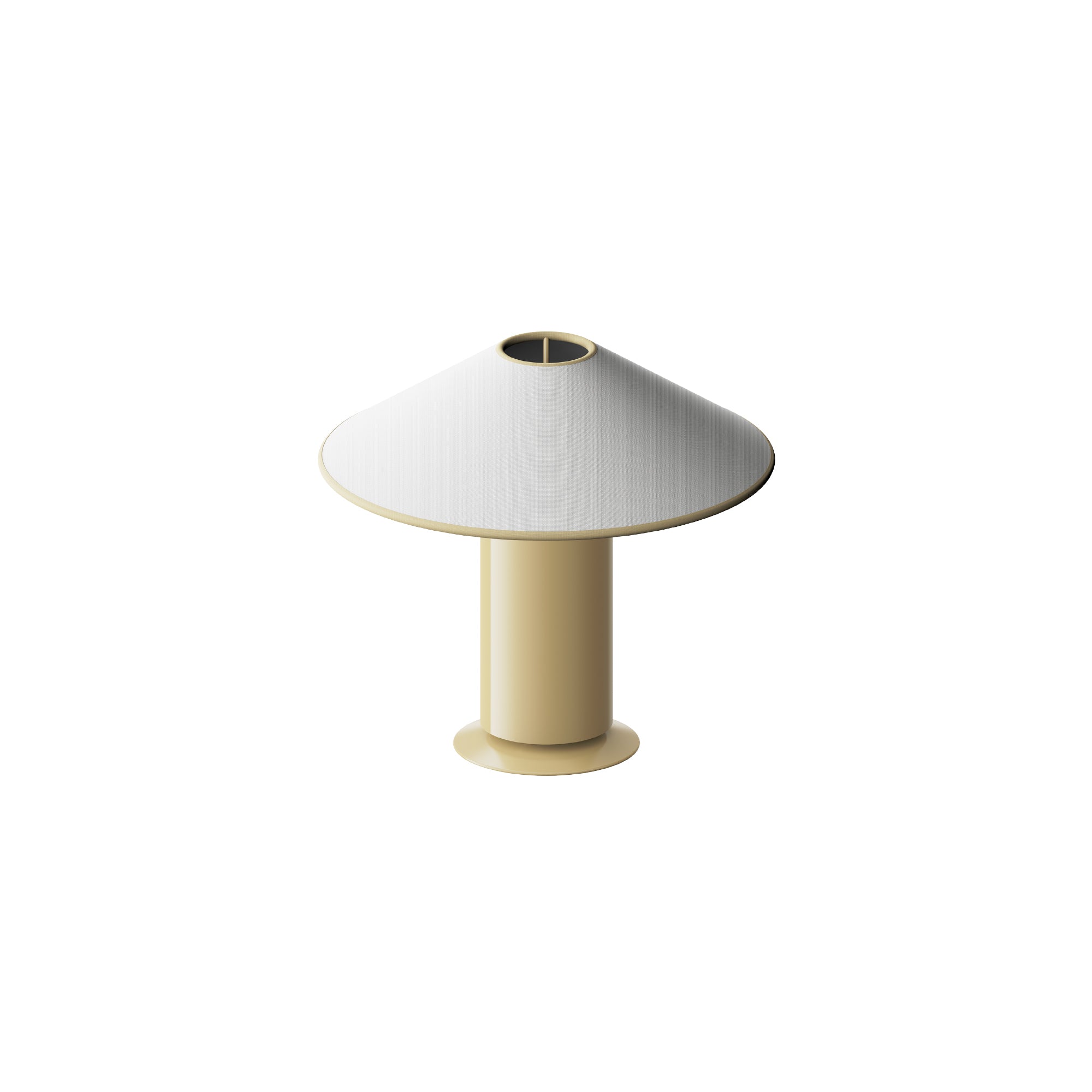 Table lamp with white shade and beige base on a white background