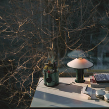 Desk with a lamp, and other items against a glass window with the outdoor  branches in view.