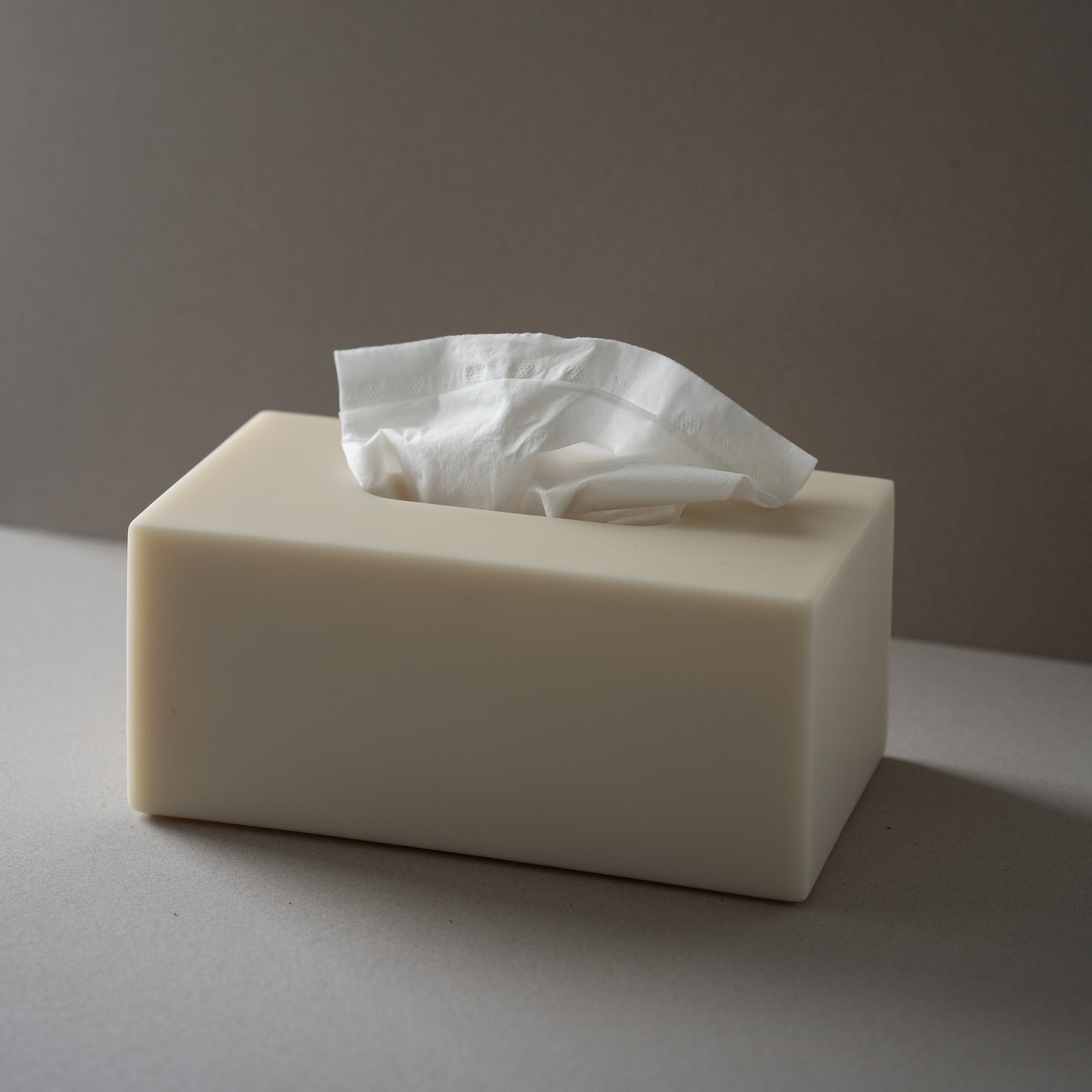 Rectangular resin tissue cover with a single tissue on a neutral background