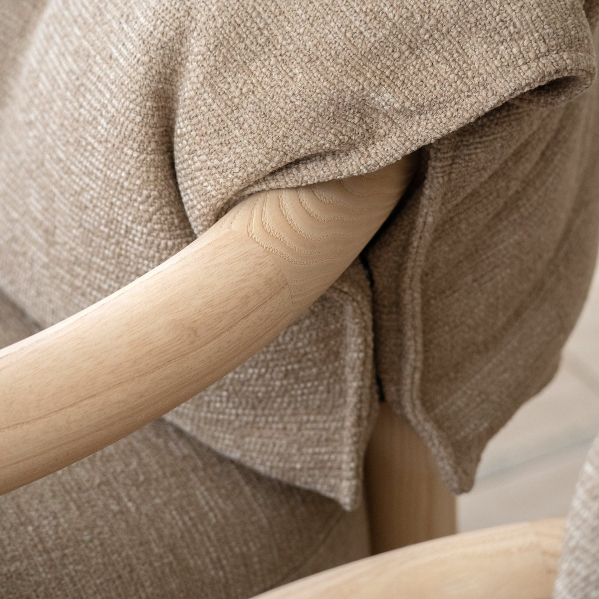 Marlene Armchair woven beige upholstery and natural timber arm detail