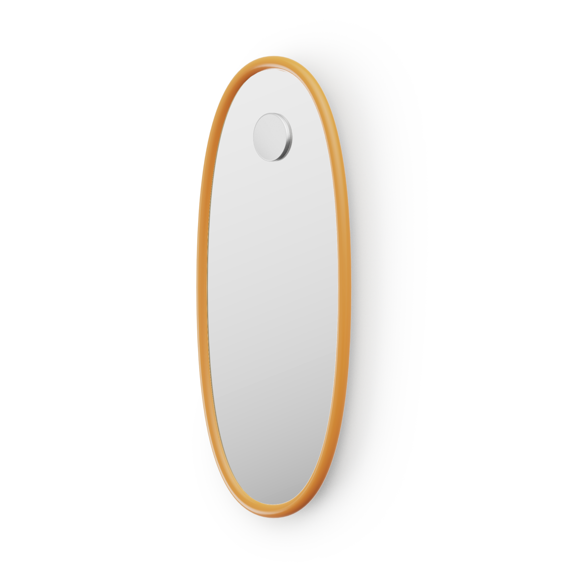 Oval shaped mirror with tangerine frame on a white background