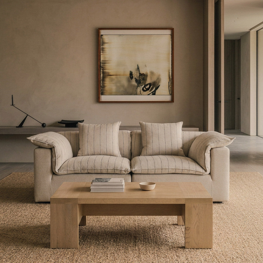 NOCTURNE two-piece sofa in Cobblestone Stripe upholstery in a warm neutral living room