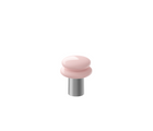 Portable lamp with a peach/pink shade and silver coloured base on a white background