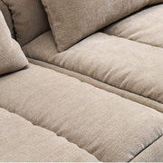 RUE 3-seat modular sofa in River Clay upholstery, close-up of ruched seat cushioning