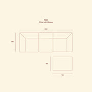 Top-view dimensions of the RUE 3-seat modular sofa and ottoman configuration