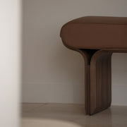 Sable bench seat detail in Chestnut leather with American Walnut veneer