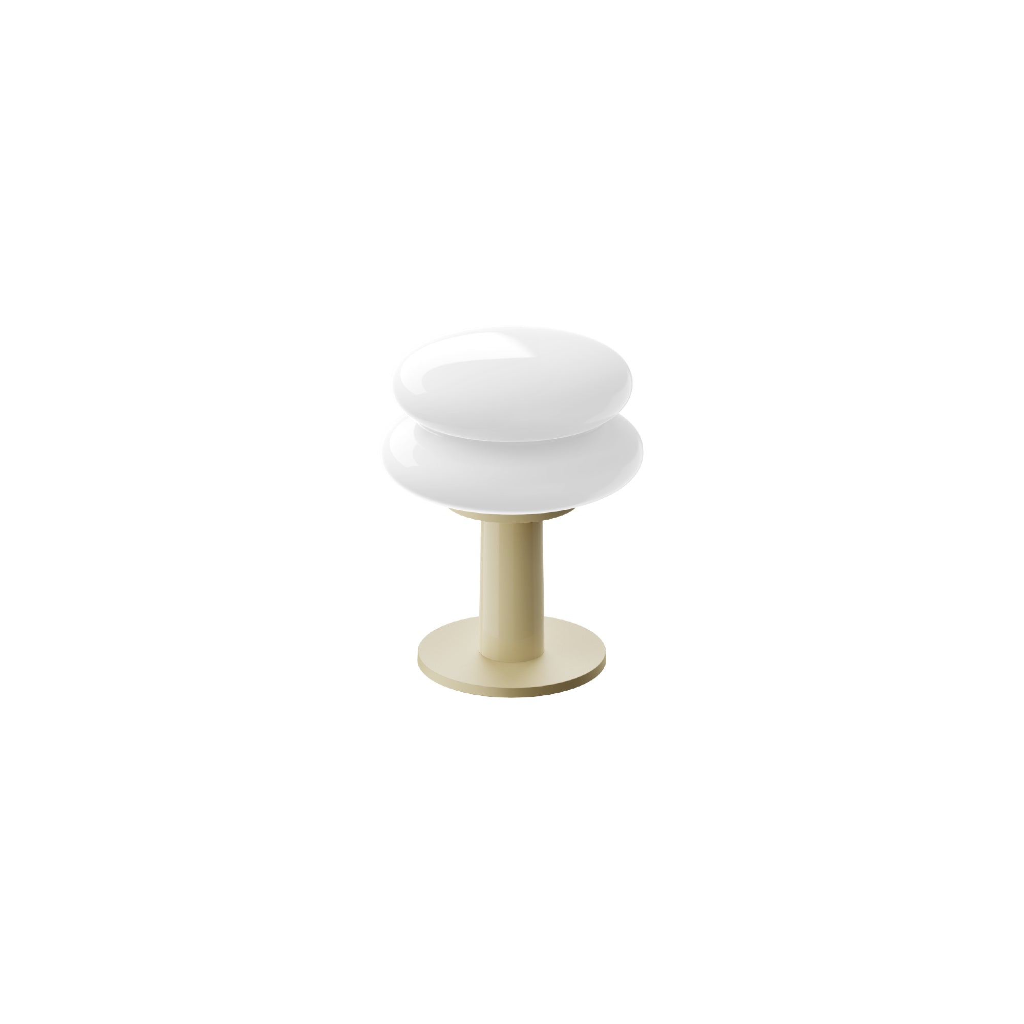 White shade and butter base portable table lamp on a white background