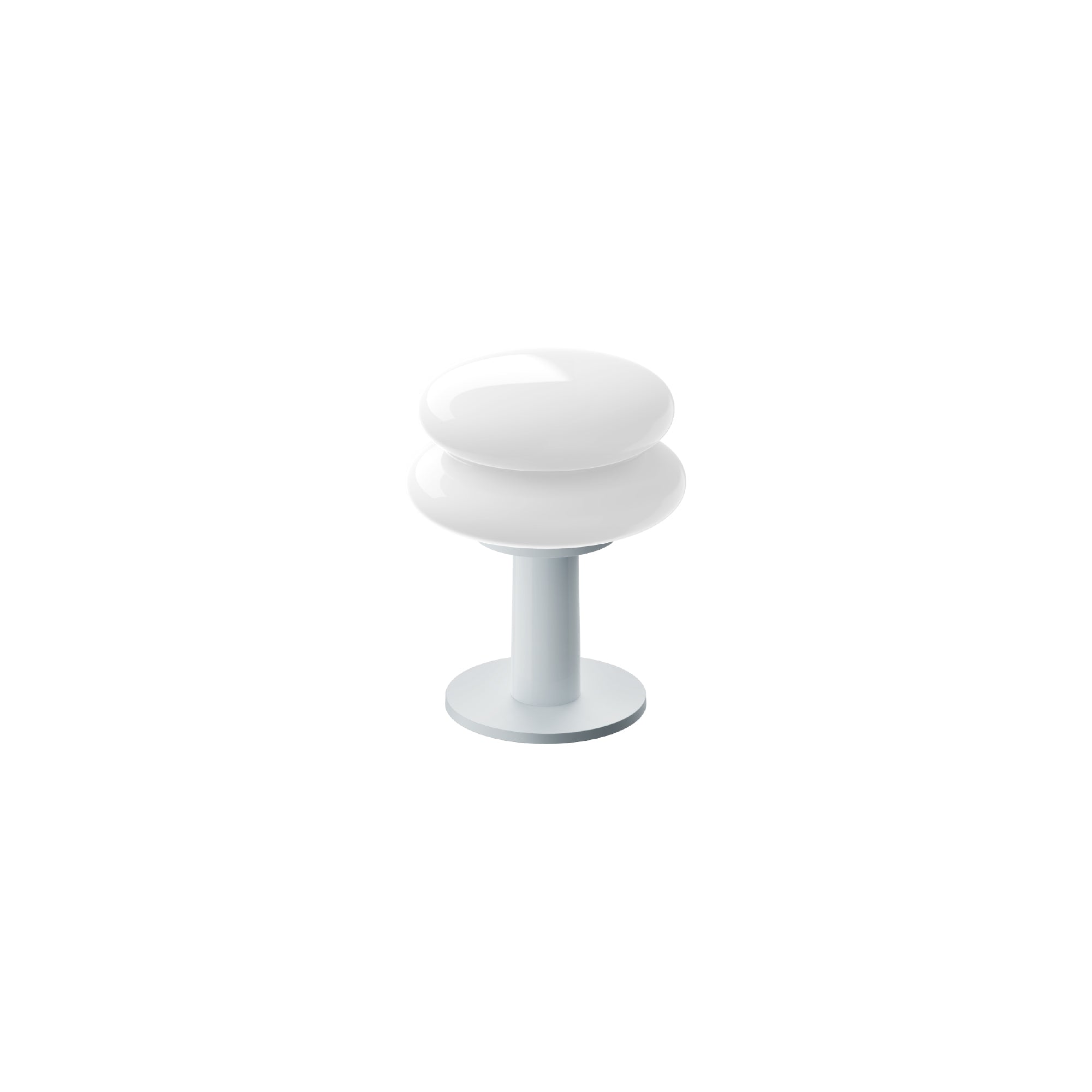 White shade and pale blue base portable table lamp on a white background