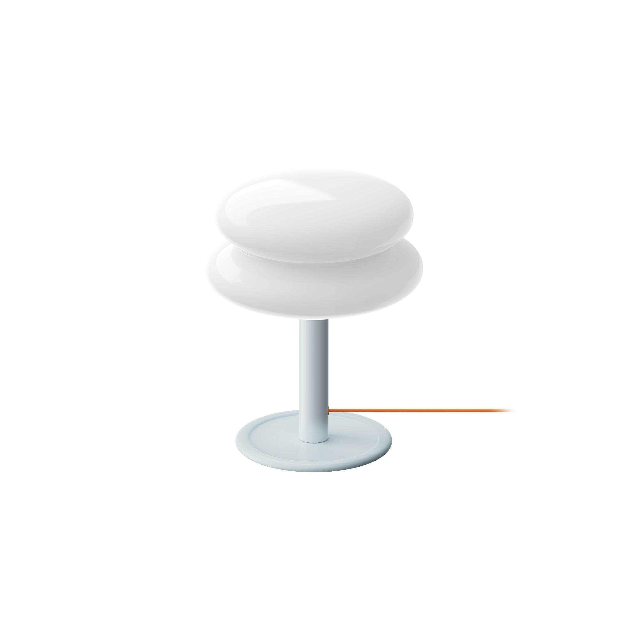 White coloured shade with a pale blue   base and orange cord on a white background