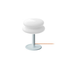 White coloured shade with a pale blue   base and orange cord on a white background