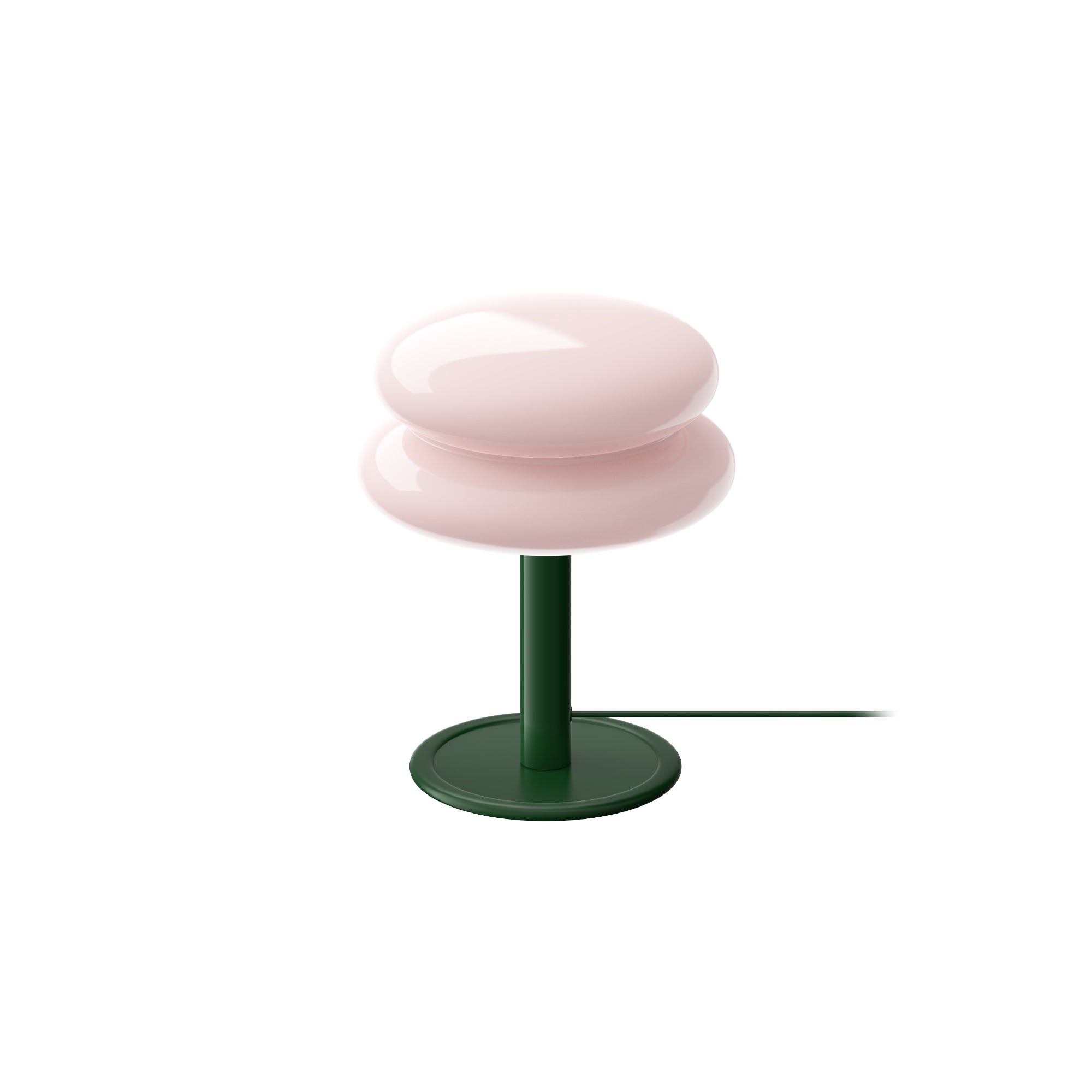 Peach/Pink coloured shade with a deep green base  and deep green cord on a white background