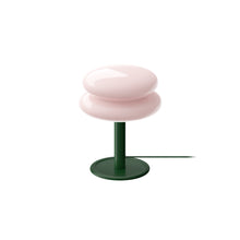 Peach/Pink coloured shade with a deep green base  and deep green cord on a white background