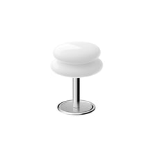 White coloured shade with a chrome metallic base on a white background
