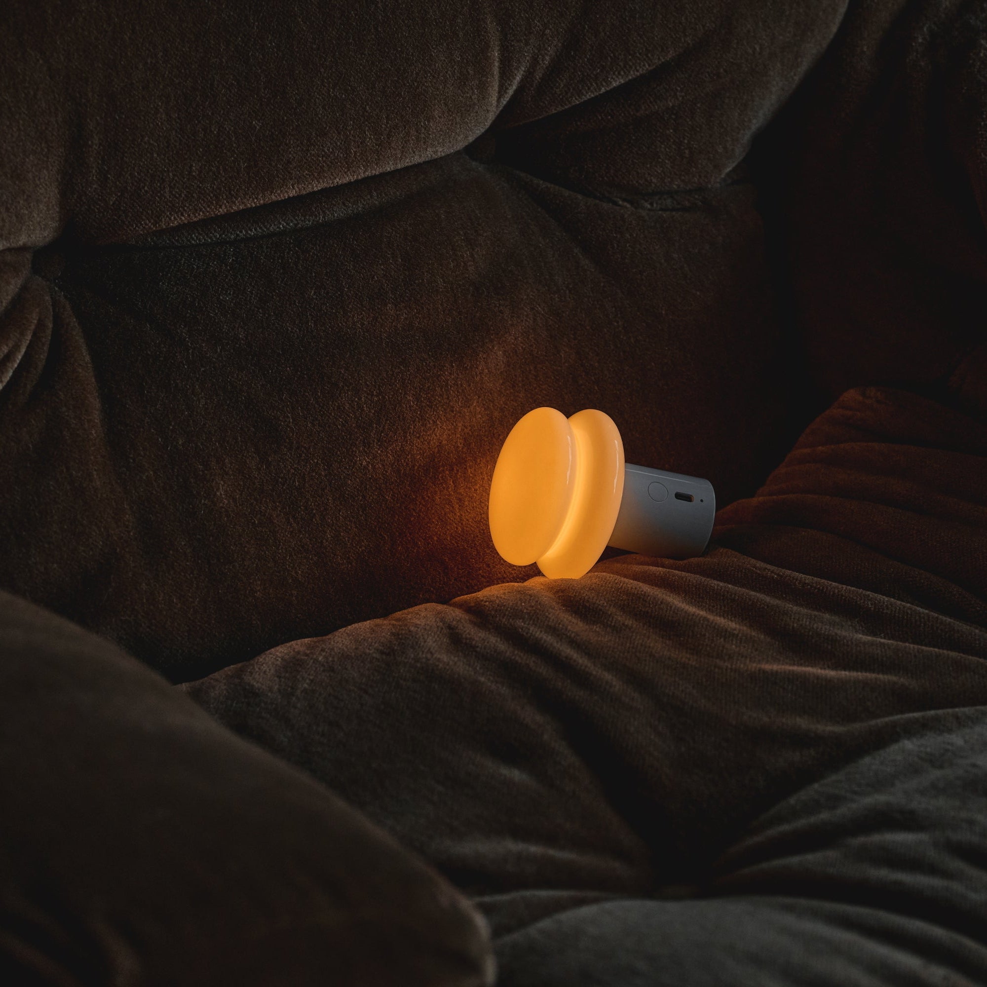 Lamp on a dark brown sofa