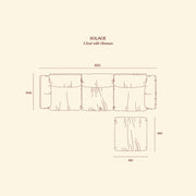 Top-view dimension diagram for the SOLACE 3-seat modular sofa with ottoman