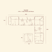 Top-view dimension diagram for the SOLACE six-piece L-shaped modular sofa with ottoman