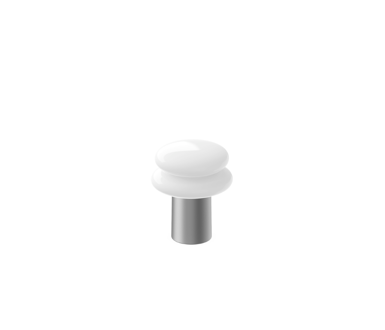 Portable lamp with a white shade and a silver coloured base on a white background